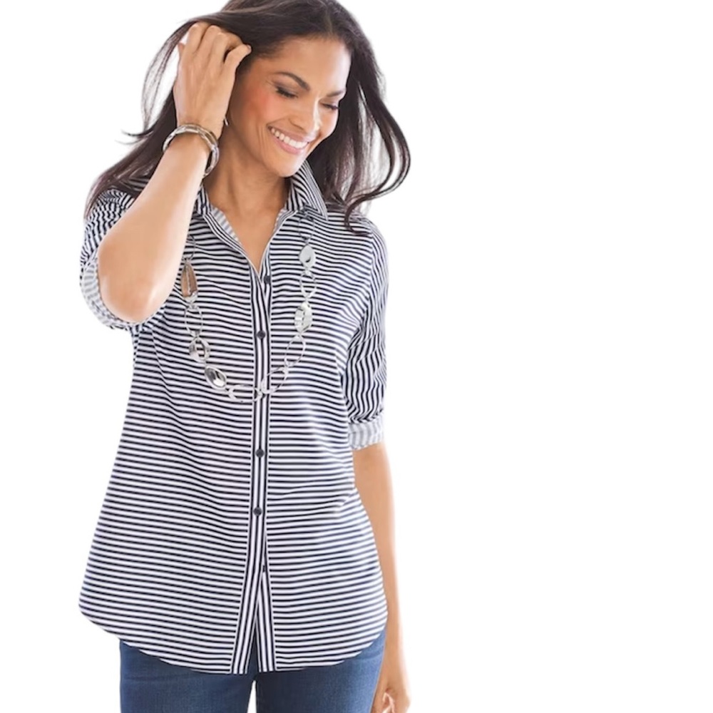 Chico’s Plus Size 16 Button Up Striped Shirt Black White Cotton Long Sleeve NWT